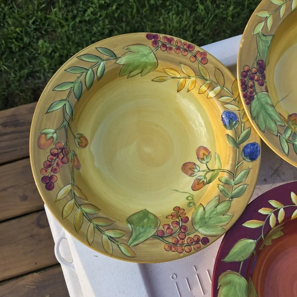 Gates Ware by Laurie Gates 4pc Ceramic Bowl Set Floral Yellow Burgundy Green